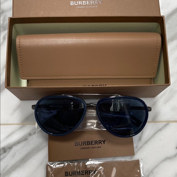 BURBERRY UNISEX GUNMETAL DARK BLUE PILOT AVIATOR LOGO SUNGLASSES - Picture 13 of 14